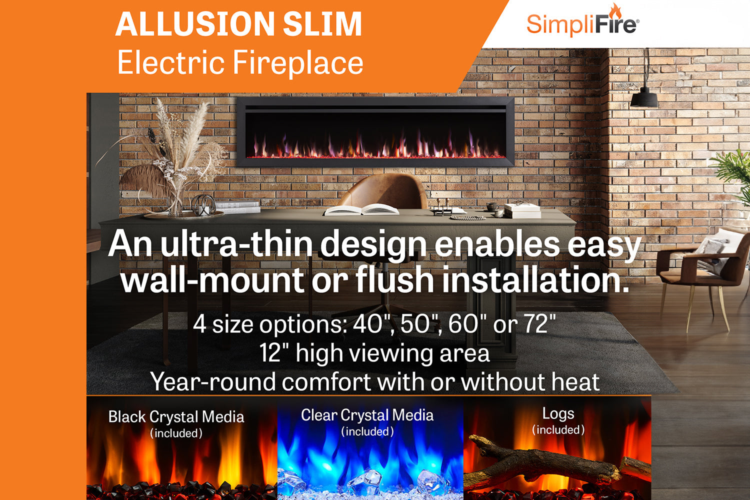 SimpliFire Allusion Slim 50'' Wall Mount / Recessed Electric Fireplace