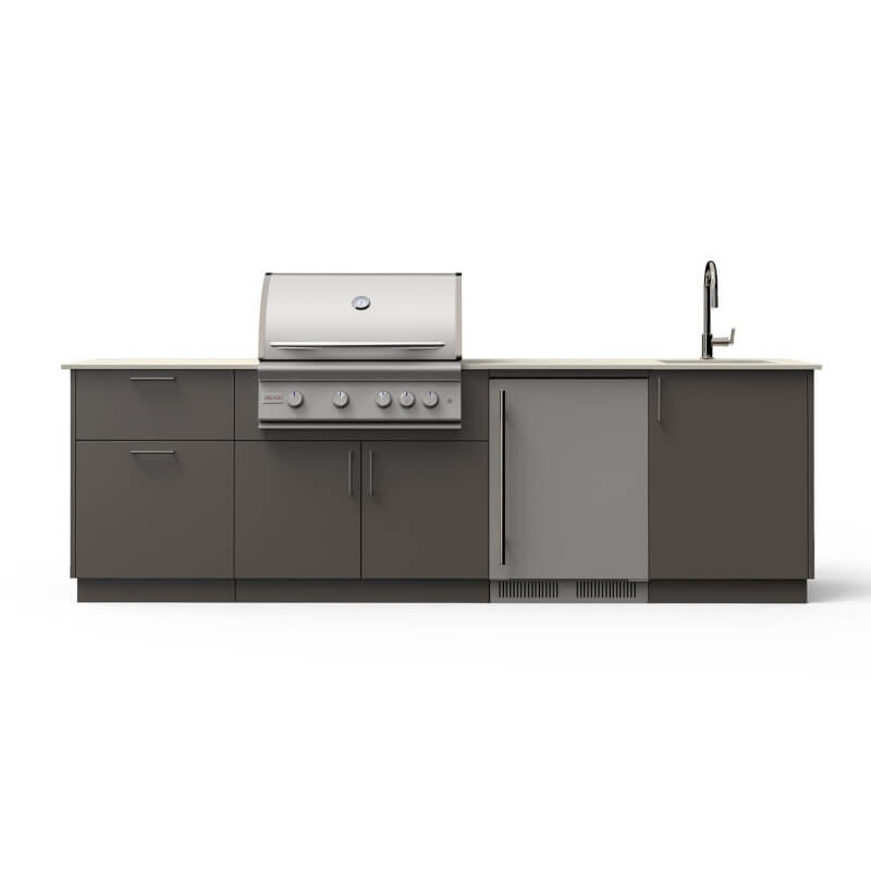 Blaze Golden Hour 10-Ft Outdoor Kitchen Island w/ 32-Inch Premium LTE+ Grill, Fridge, Sink in Gunmetal w/ Aeris Countertop
