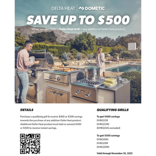 Delta Heat 38-Inch 3-Burner Built-In Gas Grill With Infrared Rotisserie & Black Control Panel