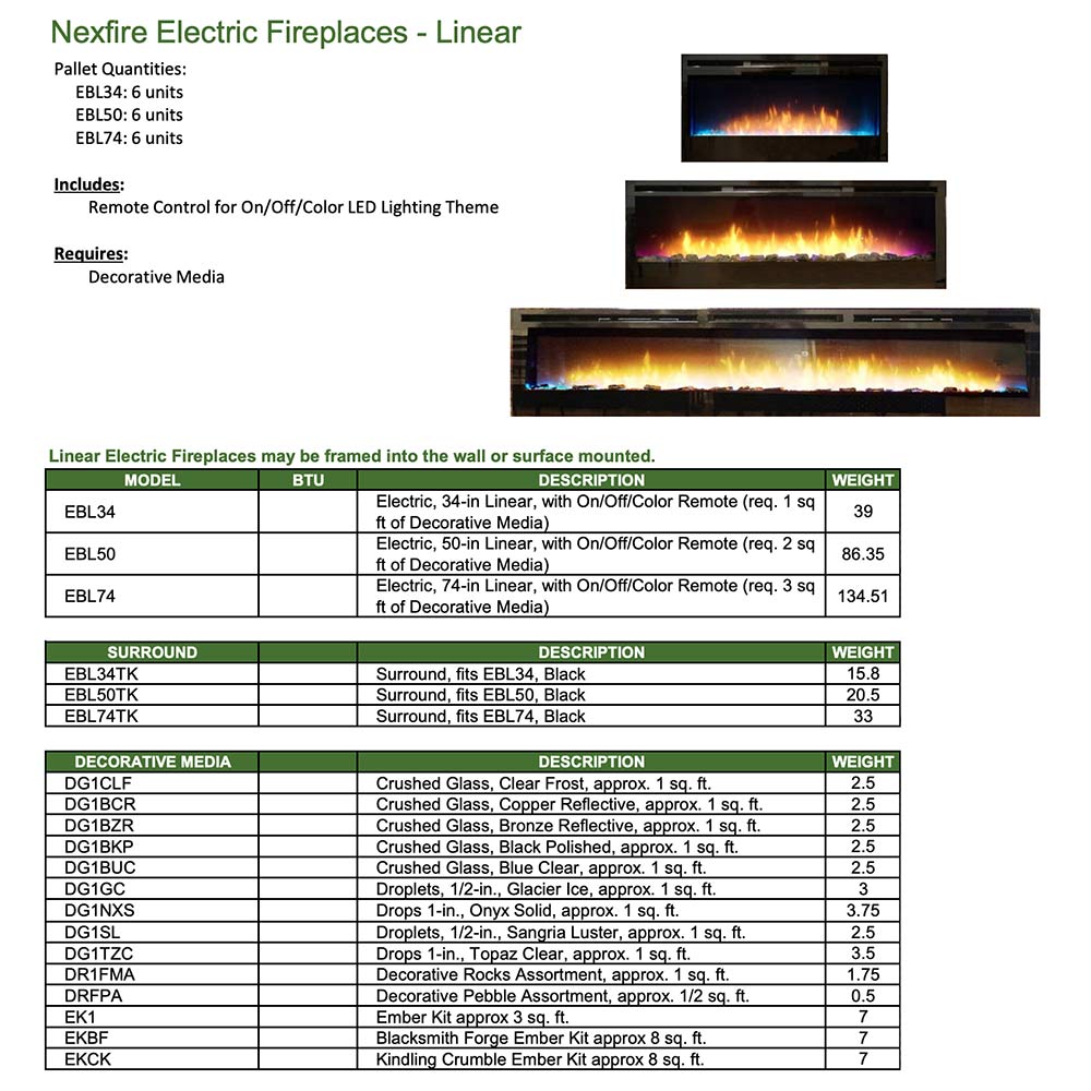 Empire Nexfire 74-Inch Linear Electric Fireplace with LED Lights, Valve and Crushed Glass - EBL74