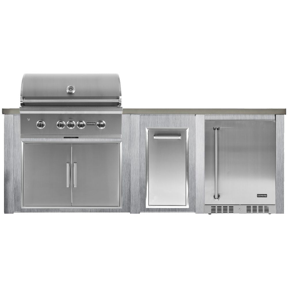 Haven 8 Ft. Outdoor Kitchen Island with Coyote Trash Center, 24-Inch Refrigerator & S-Series 36-Inch Gas Grill