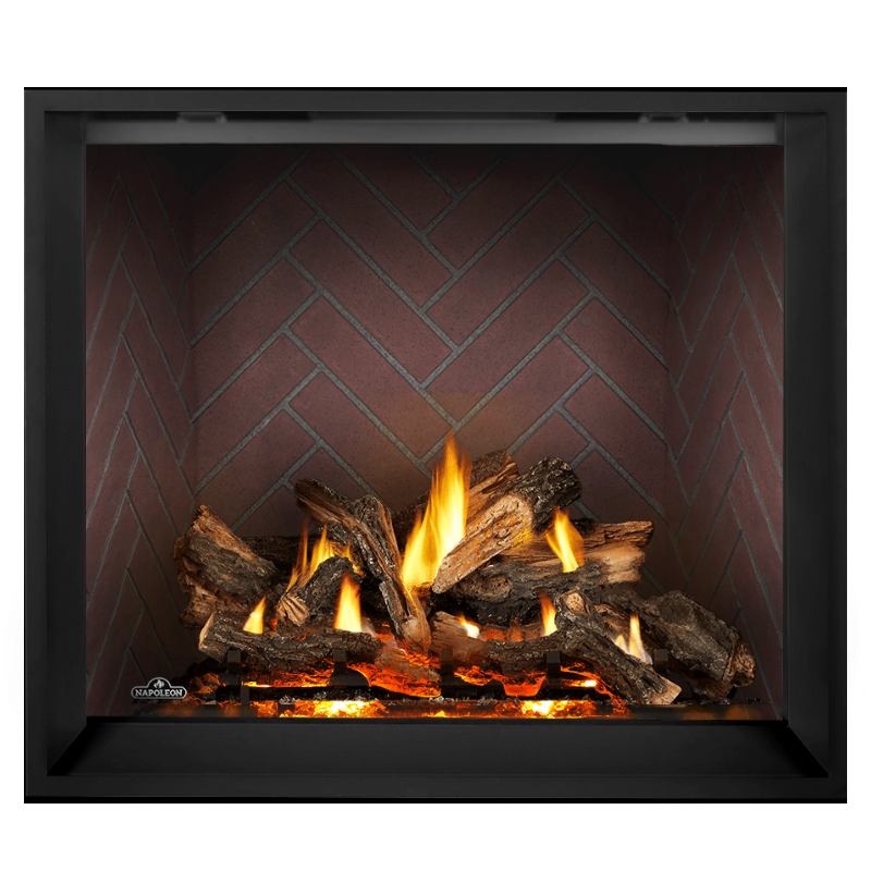 Napoleon Elevation X 42 Direct Vent Fireplace with Old Town Red Herringbone Interior Panel and Split Oak Log Set