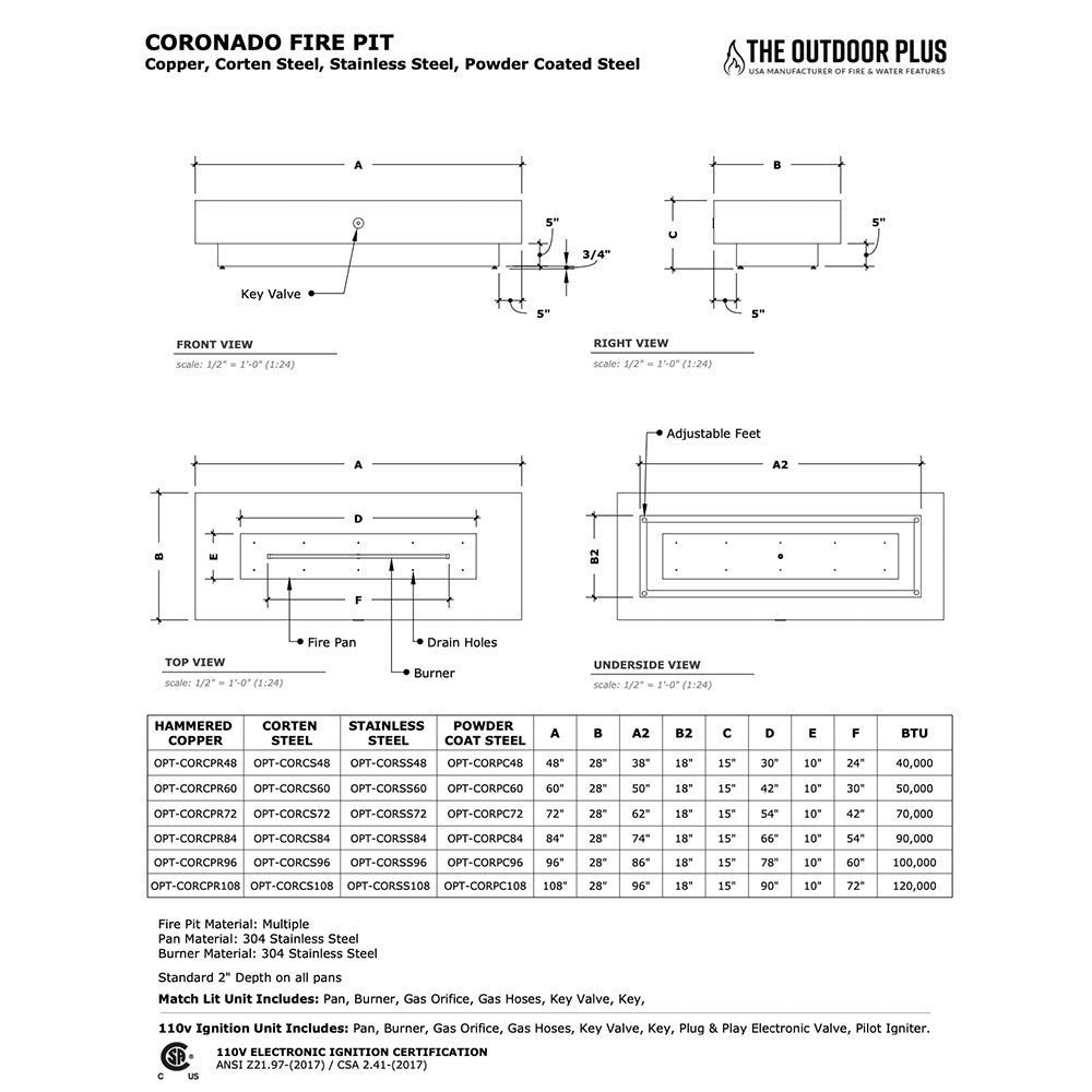 TOP Fires by The Outdoor Plus Coronado 72-Inch Linear Powder Coated Steel Gas Fire Pit