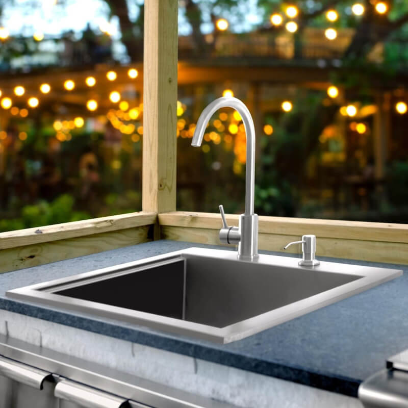 BBQ Generals Elite Series 21-Inch Outdoor Rated Drop-In Bar Sink With Hot/Cold Faucet