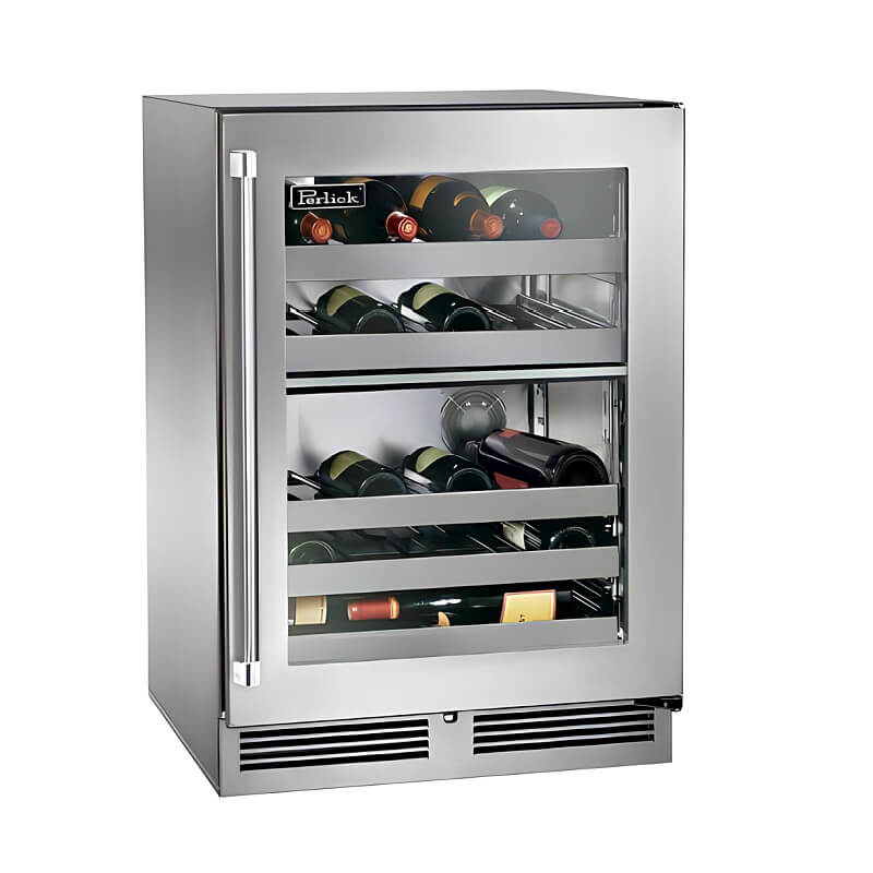 Perlick 24-Inch Signature Series Stainless Steel Glass Door Outdoor Dual Zone Wine Cooler Reserve - HP24DO-4-3