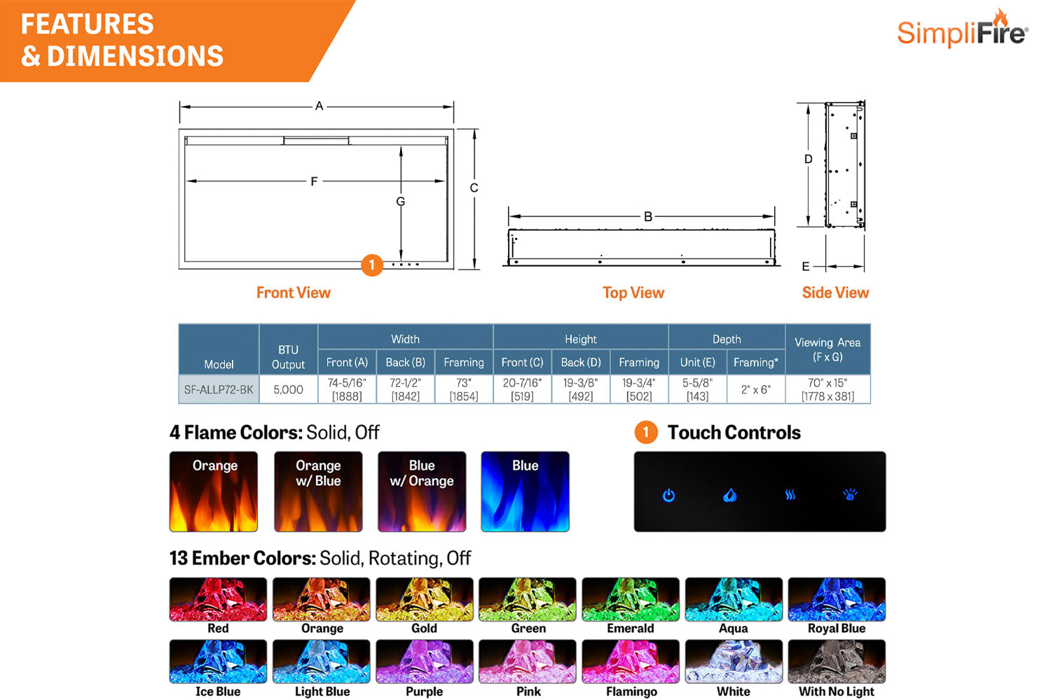 SimpliFire Allusion Platinum 72'' Wall Mount / Recessed  Electric Fireplace