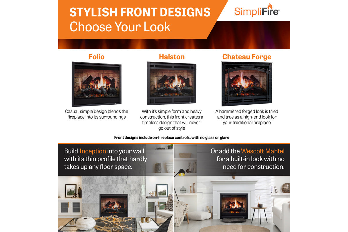SimpliFire Inception 36" Virtual Fireplace | Wescott Mantel Package |Chateau Forge Front