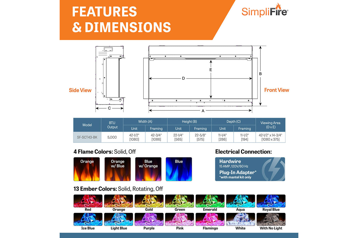 SimpliFire Scion Trinity 43" Multi-Side View Built In Electric Fireplace