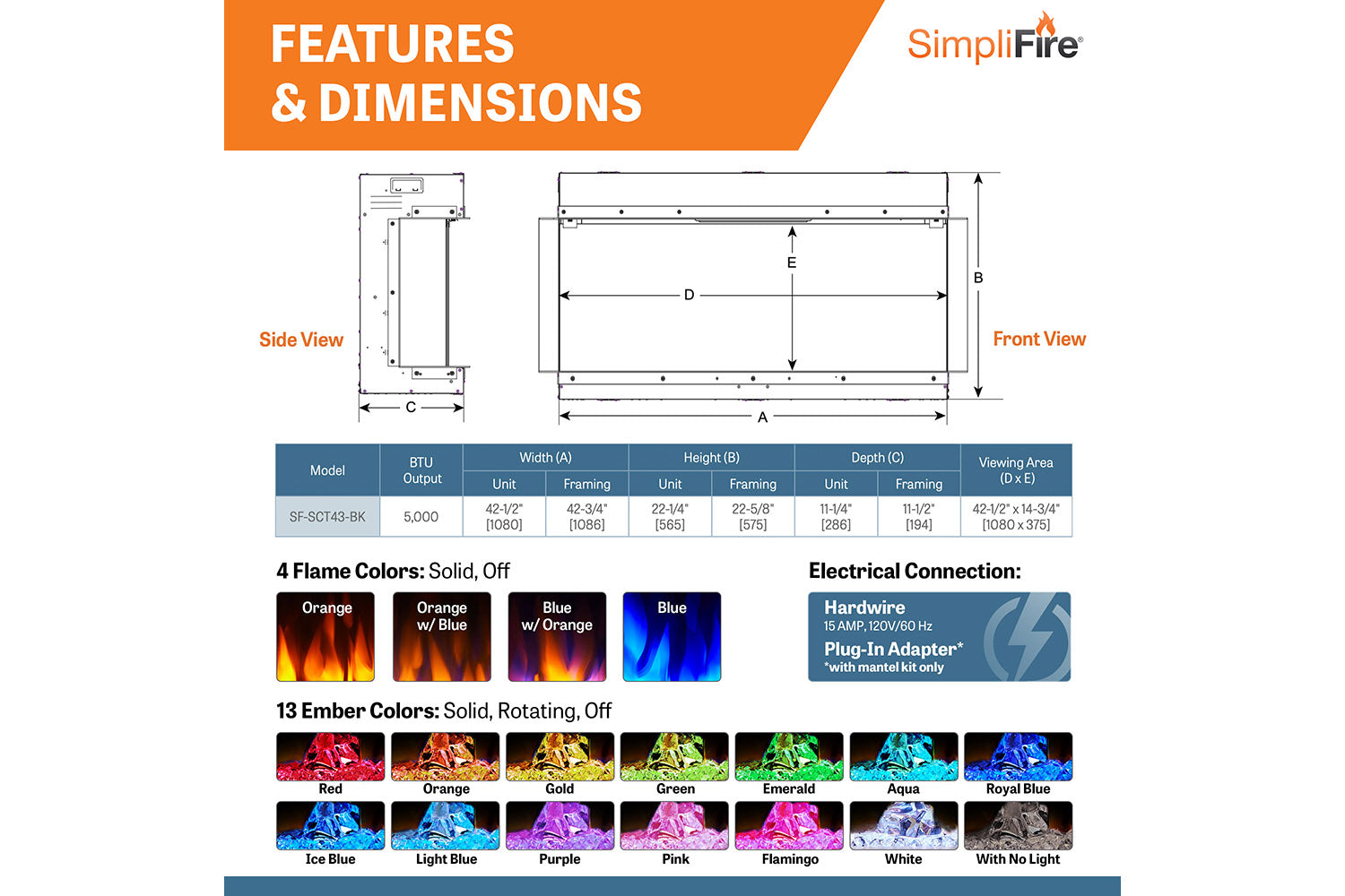 SimpliFire Scion Trinity 43" Multi-Side View Built In Electric Fireplace