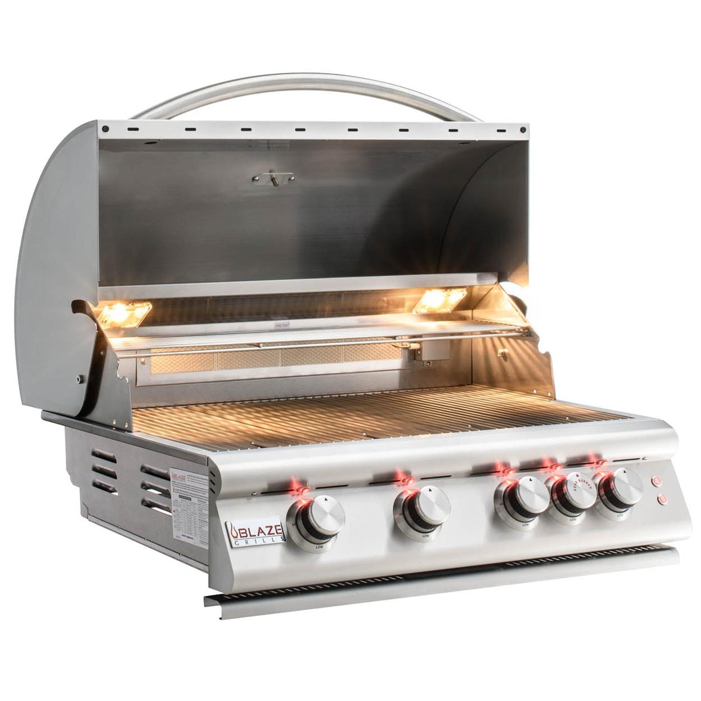 A built-in Blaze Premium LTE 32-Inch 4-Burner Gas Grill with a closed hood and illuminated control knobs, showcasing its stainless steel construction.