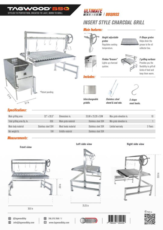 Tagwood BBQ Built-In Argentine Santa Maria Wood Fire & Charcoal Grill - BBQ09SS