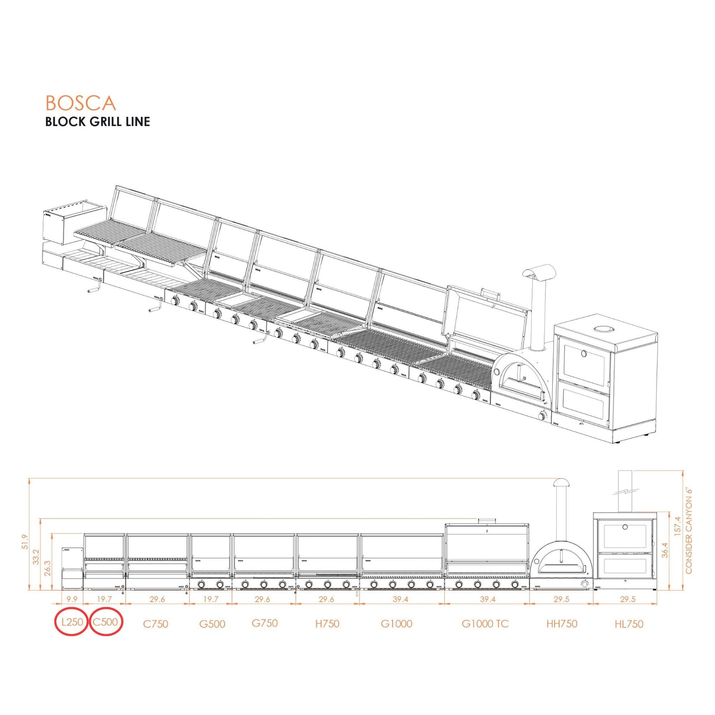 Bosca Block Wood Brazier 250 + Block 500 20" Built-in Charcoal Grill
