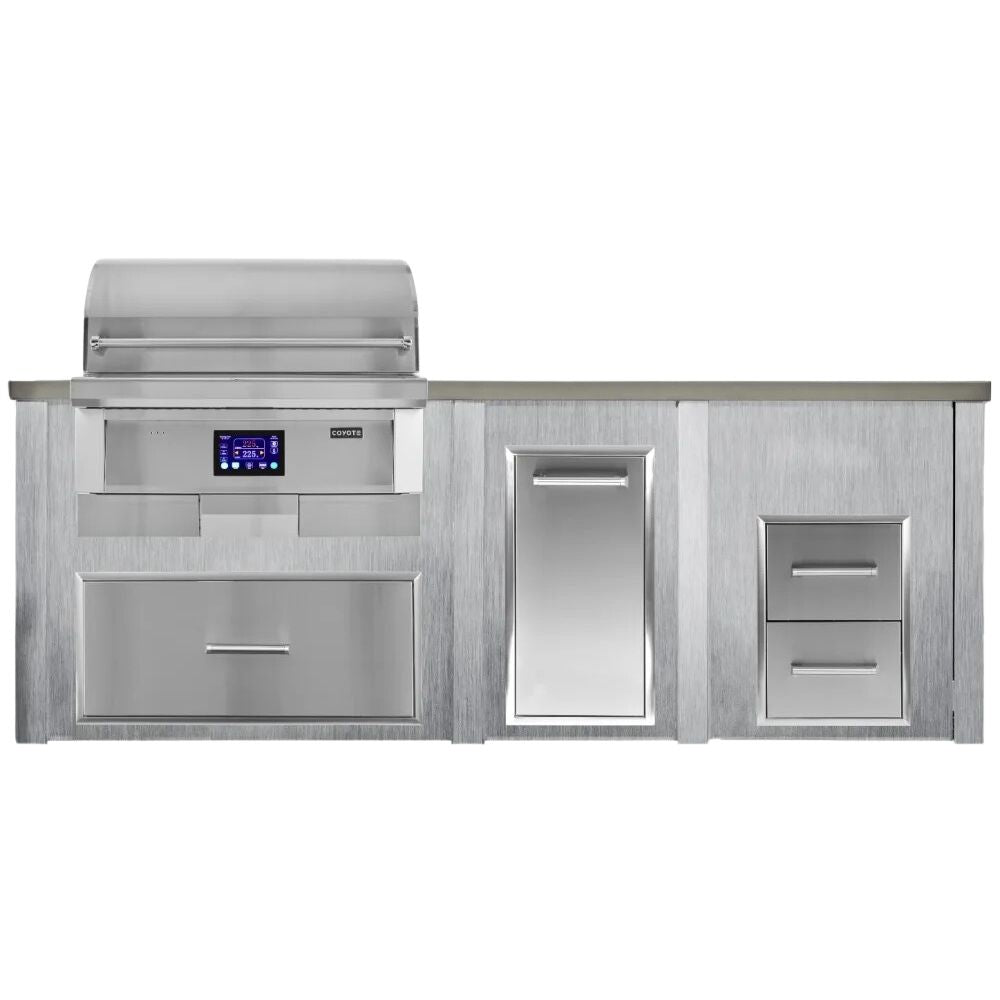 Haven 8 Ft. Outdoor Kitchen Island with Coyote 36-Inch Pellet Grill, 2 Drawer Cabinet & Trash Drawer