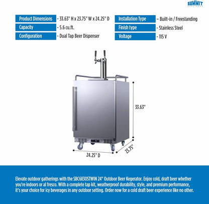 Summit SBC683OSTWIN 24" Wide Built-in or Freestanding Outdoor Rated Beer Kegerator