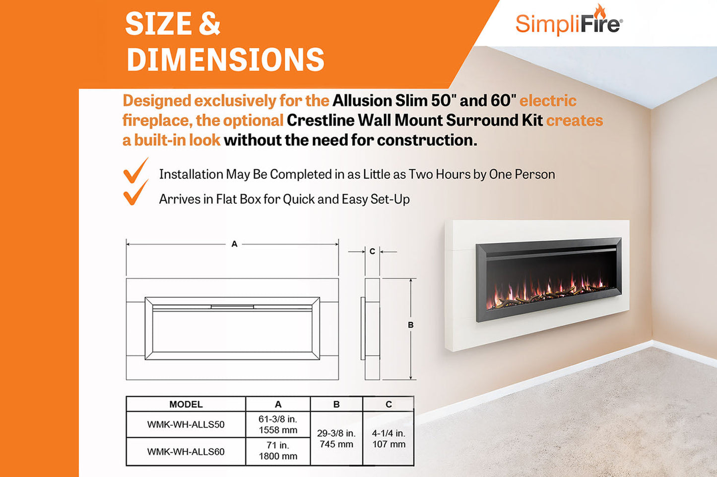 SimpliFire Allusion Slim 60'' Wall Mount / Recessed Electric Fireplace
