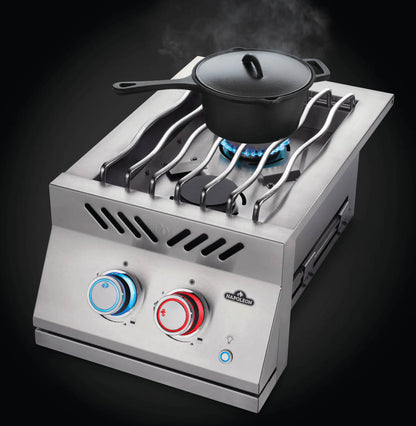 Napoleon 700 Series 12-Inch Built-in Inline dual range side burner heating up a pot
