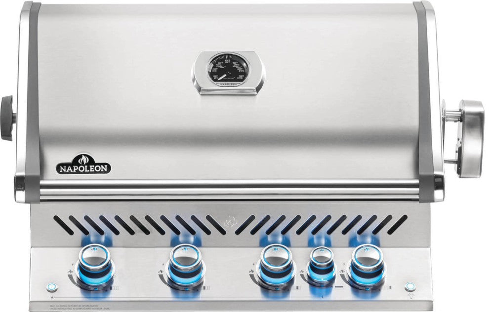 Napoleon Built-In Prestige Pro 500 Gas Grill with Infrared Rear Burner, featuring a silver stainless steel body and blue lit burners for an outdoor kitchen.