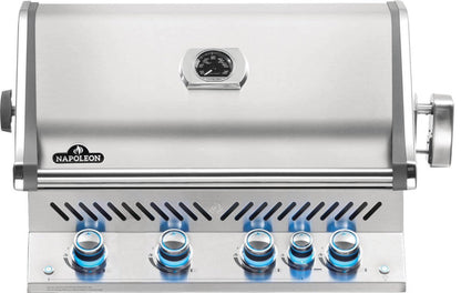 Napoleon Built-In Prestige Pro 500 Gas Grill with Infrared Rear Burner, featuring a silver stainless steel body and blue lit burners for an outdoor kitchen.