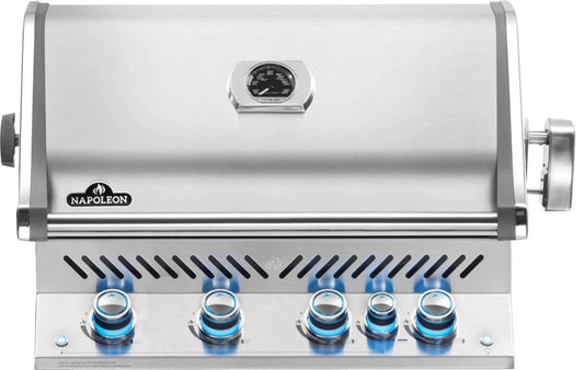 Napoleon Built-In Prestige Pro 500 Gas Grill with Infrared Rear Burner, featuring a silver stainless steel body and blue lit burners for an outdoor kitchen.