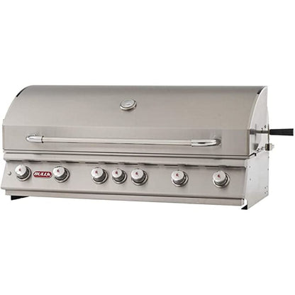 A built-in Bull Diablo 6-Burner Gas Grill with a stainless steel body, visible control knobs, and a closed lid.