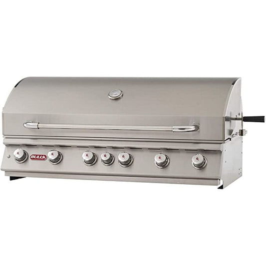 A built-in Bull Diablo 6-Burner Gas Grill with a stainless steel body, visible control knobs, and a closed lid.