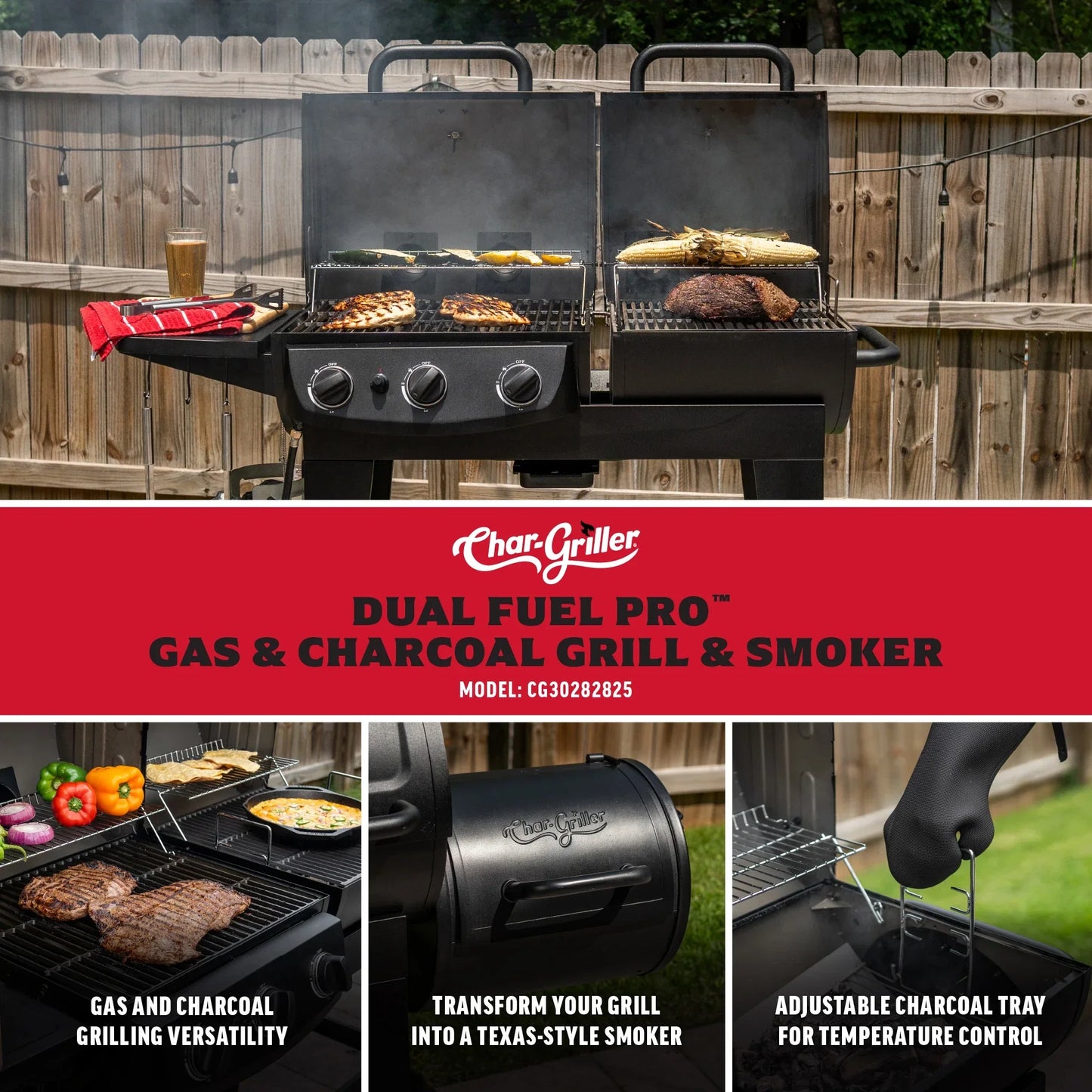 Char-Griller Dual-Fuel Pro™ 3-Burner Gas and Charcoal Grill Smoker