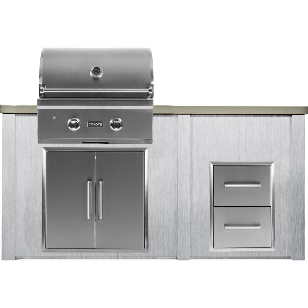 Haven 5.5 Ft. Outdoor Kitchen Island with Coyote 2 Drawer Cabinet, 28-Inch Gas Grill & Double Access Doors