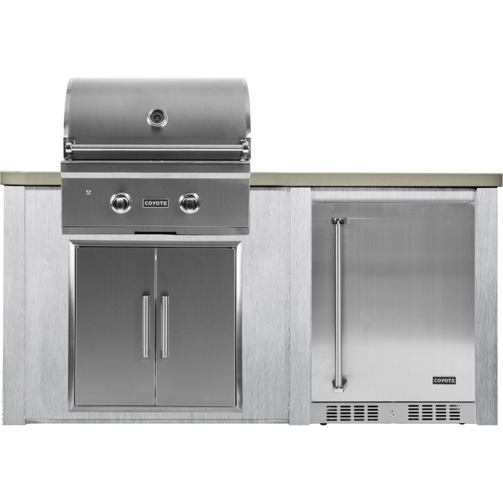 Haven 5.5 Ft. Outdoor Kitchen Island with Coyote 24-Inch Refrigerator, 28-Inch Gas Grill & Double Access Doors