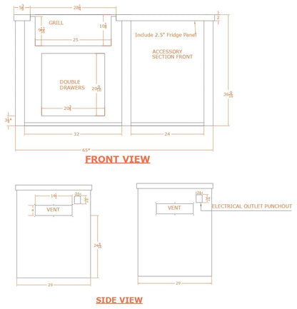 Haven 5.5 Ft. Outdoor Kitchen Island with Coyote 24-Inch Refrigerator, 28-Inch Gas Grill & Double Access Doors