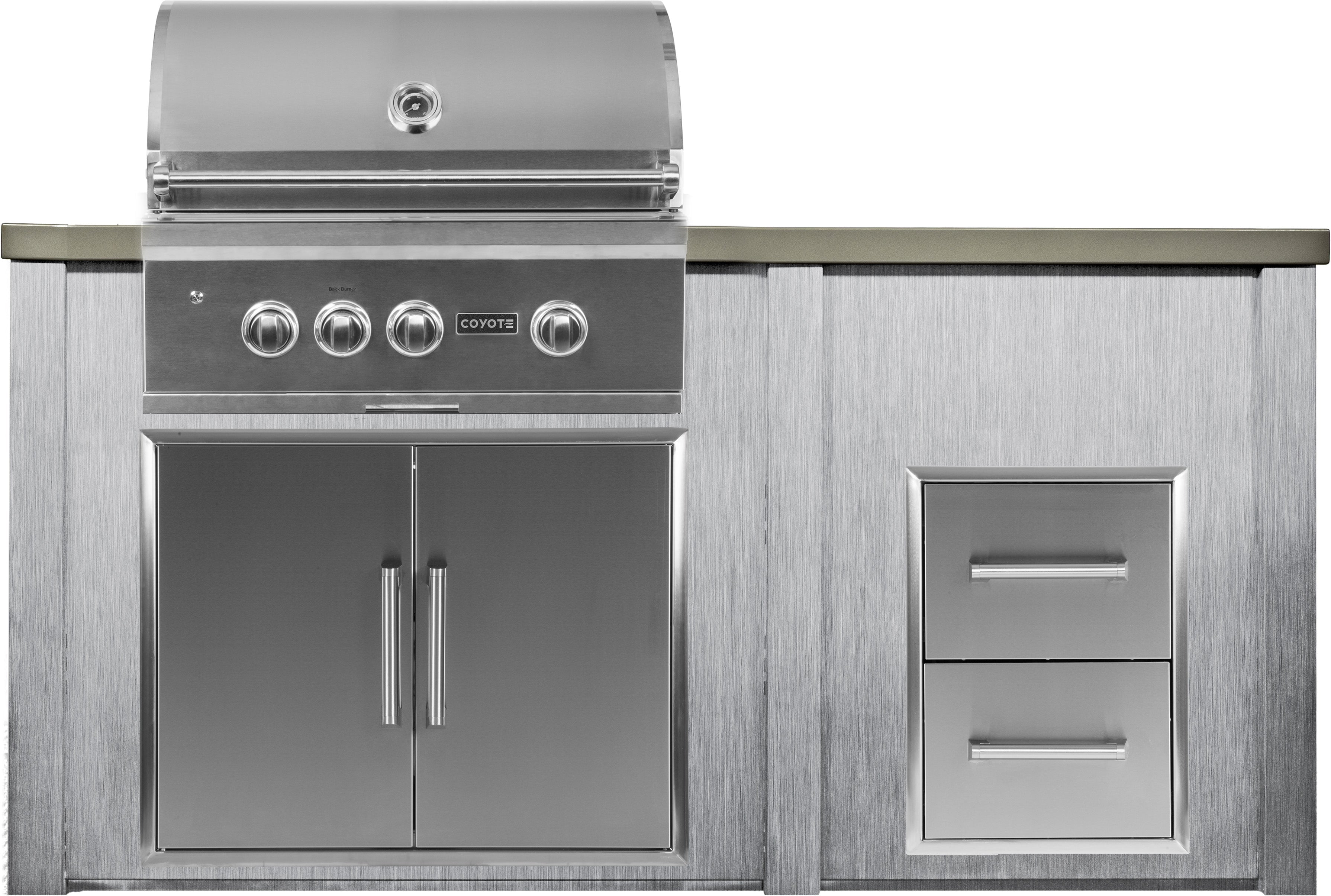 Haven 6 Ft. Outdoor Kitchen Island with Coyote 2 Drawer Cabinet, 30-Inch S-Series Gas Grill & Double Access Doors