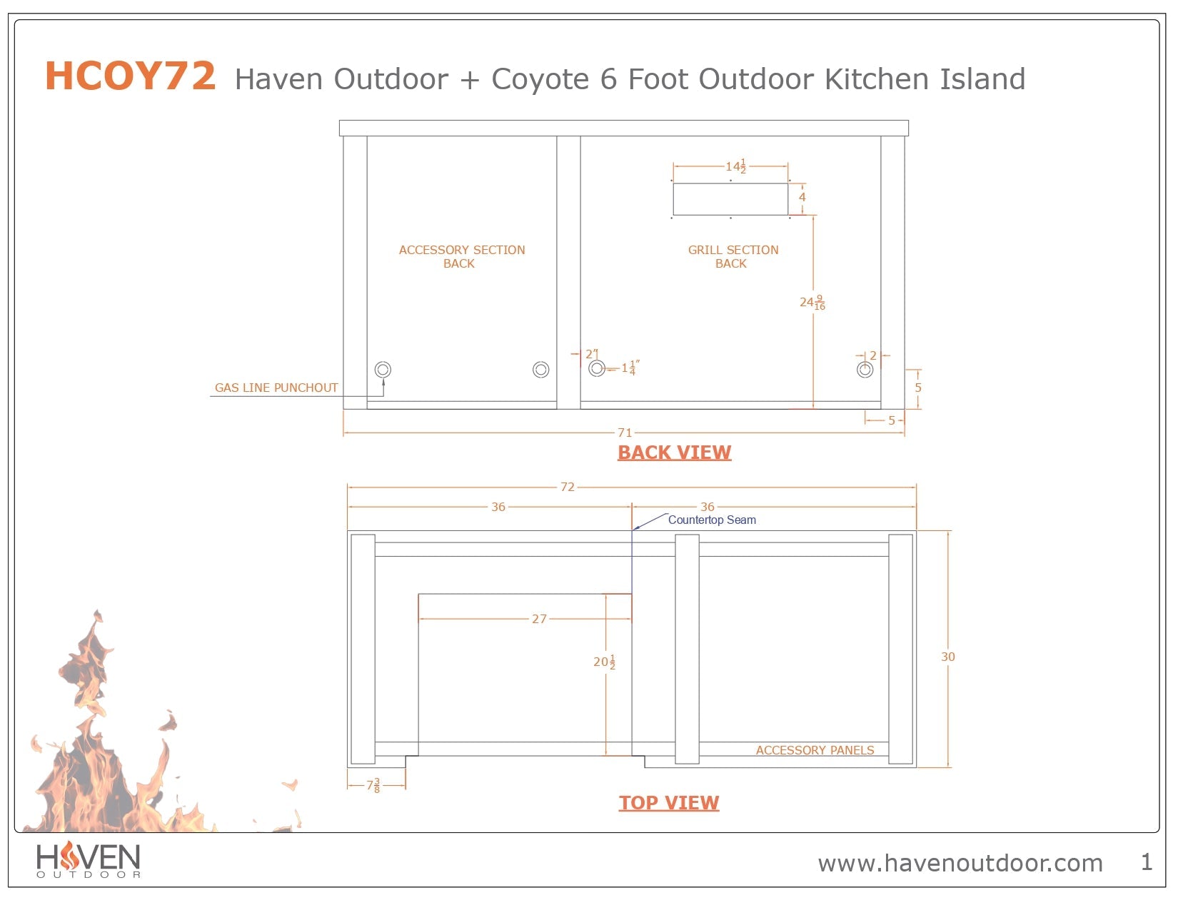 Haven Outdoor 6 Ft. Outdoor Kitchen Island with Coyote 24-Inch Refrigerator, 30-Inch S-Series Gas Grill & Double Access Doors