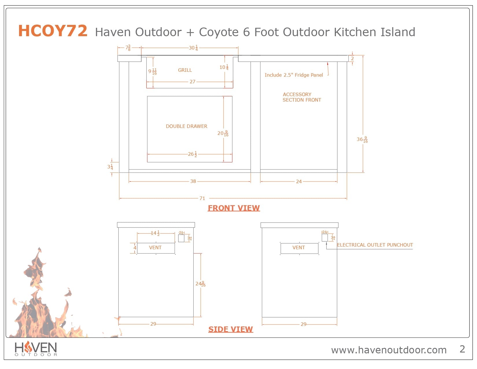 Haven 6 Ft. Outdoor Kitchen Island with Coyote Plain Panel, 30-Inch S-Series Gas grill & Double Access Doors