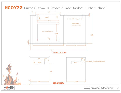 Haven Outdoor 6 Ft. Outdoor Kitchen Island with Coyote 24-Inch Refrigerator, 30-Inch S-Series Gas Grill & Double Access Doors