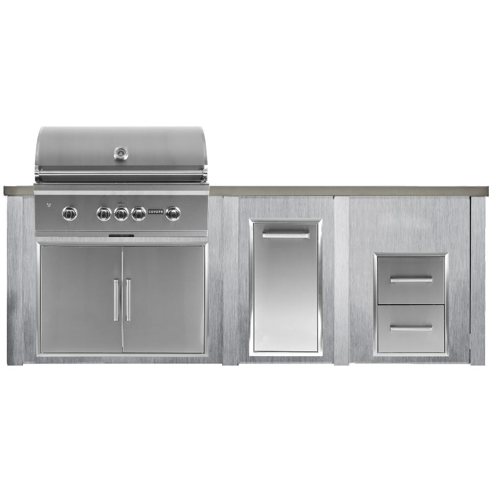 Haven 8 Ft. Outdoor Kitchen Island with Coyote Trash Center, 2 Drawer Cabinet & 36-Inch S-Series Gas Grill