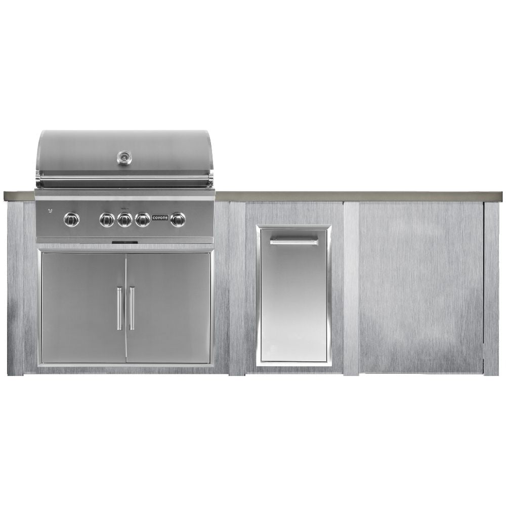 Haven 8 Ft. Outdoor Kitchen Island with Coyote Trash Center, Plain Panel & 36-Inch S-Series Gas Grill