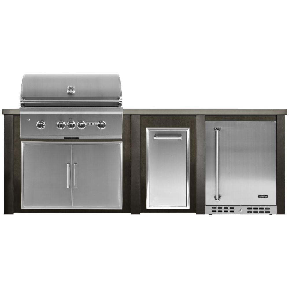 Haven 8 Ft. Outdoor Kitchen Island with Coyote Trash Center, 24-Inch Refrigerator & S-Series 36-Inch Gas Grill