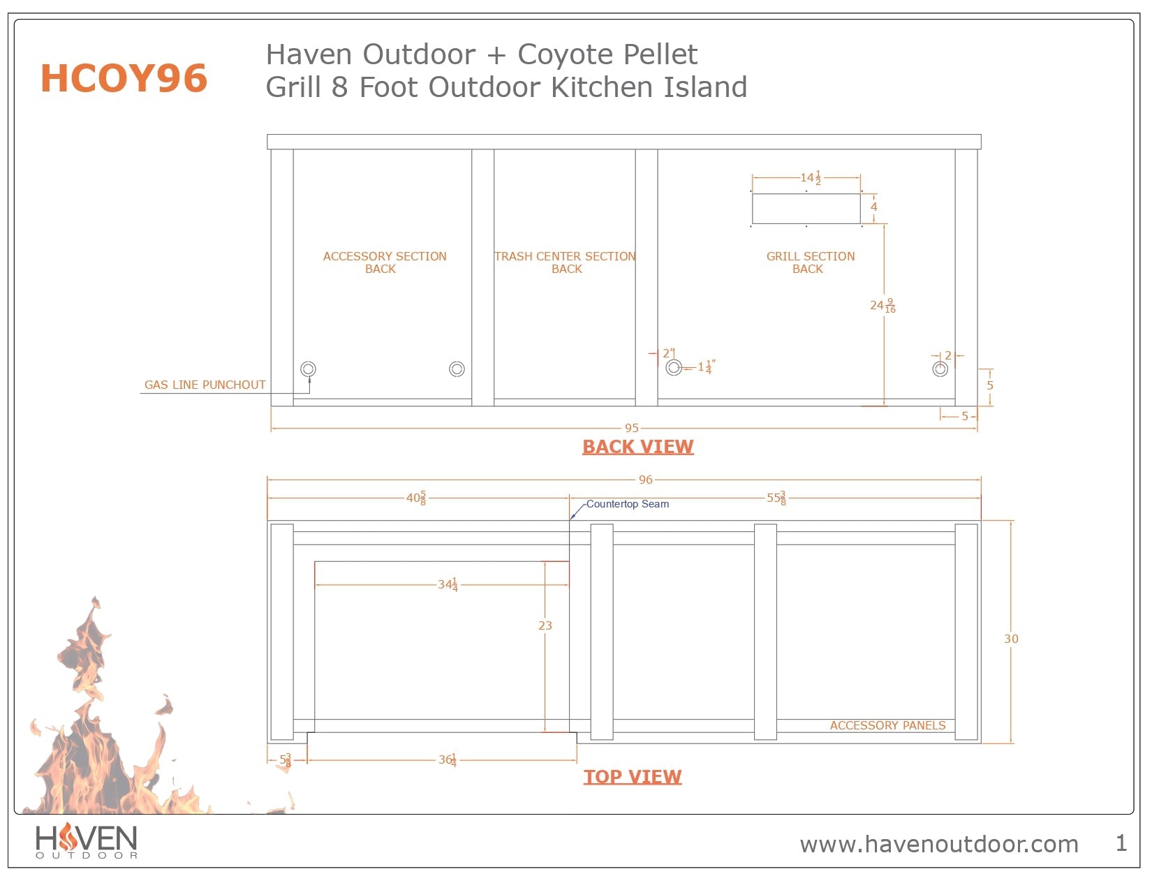 Haven 8 Ft. Outdoor Kitchen Island with Coyote 36-Inch Pellet Grill, Trash Drawer & Storage Drawer