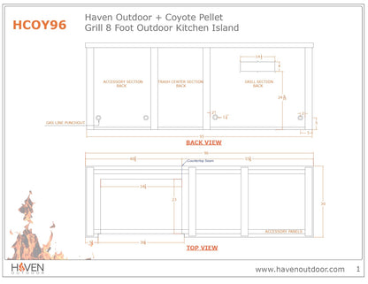 Haven 8 Ft. Outdoor Kitchen Island with Coyote 36-Inch Pellet Grill, Refrigerator & Storage Drawer