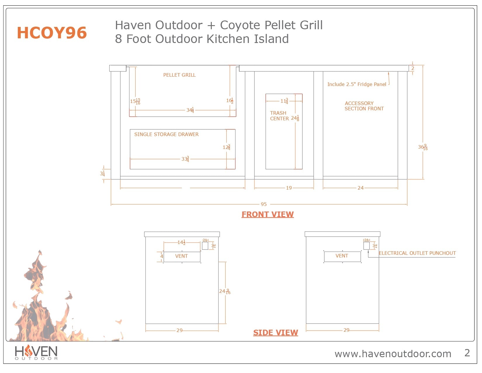 Haven 8 Ft. Outdoor Kitchen Island with Coyote 36-Inch Pellet Grill, Trash Drawer & Storage Drawer