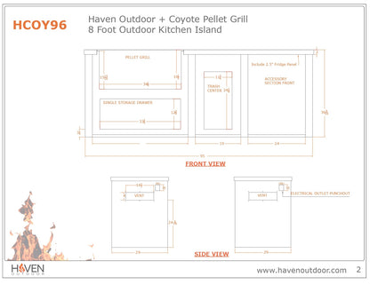 Haven 8 Ft. Outdoor Kitchen Island with Coyote 36-Inch Pellet Grill, Refrigerator & Storage Drawer