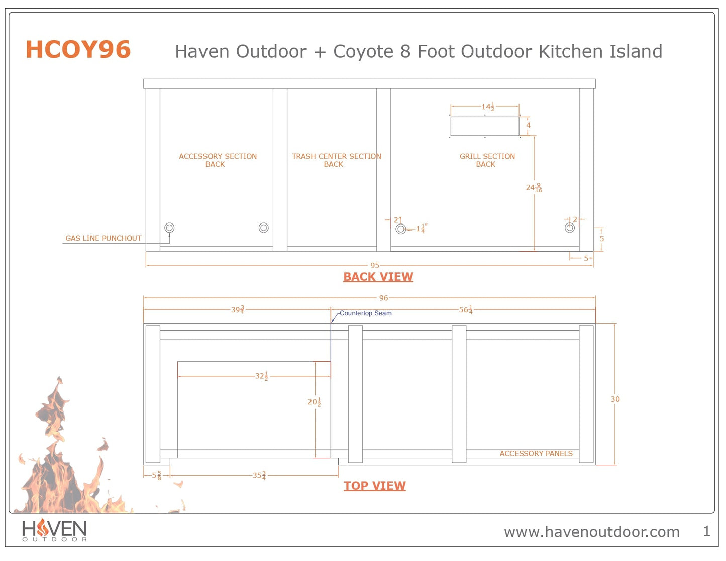 Haven 8 Ft. Outdoor Kitchen Island with Coyote Trash Center, Plain Panel & 36-Inch S-Series Gas Grill