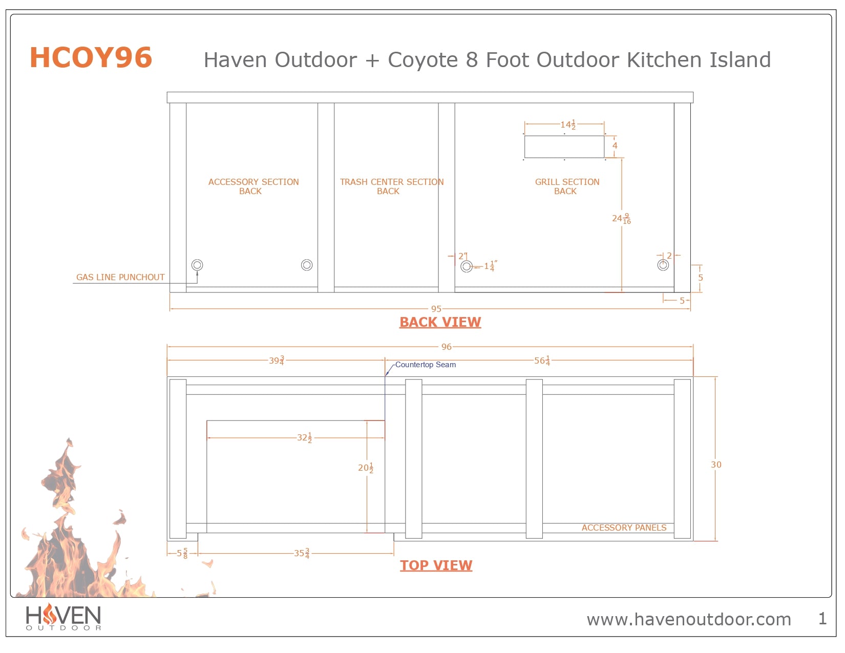 Haven 8 Ft. Outdoor Kitchen Island with Coyote Trash Center, Plain Panel & 36-Inch S-Series Gas Grill