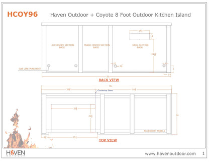 Haven 8 Ft. Outdoor Kitchen Island with Coyote Trash Center, Plain Panel & 36-Inch S-Series Gas Grill