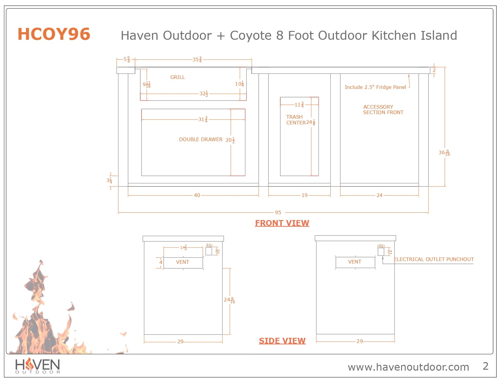 Haven 8 Ft. Outdoor Kitchen Island with Coyote Trash Center, Plain Panel & 36-Inch S-Series Gas Grill