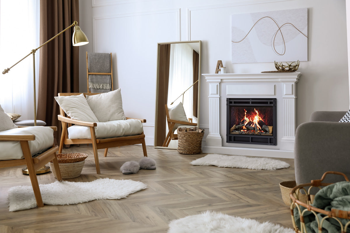 SimpliFire Inception 36" Virtual Fireplace | Wescott Mantel Package | Halston Front