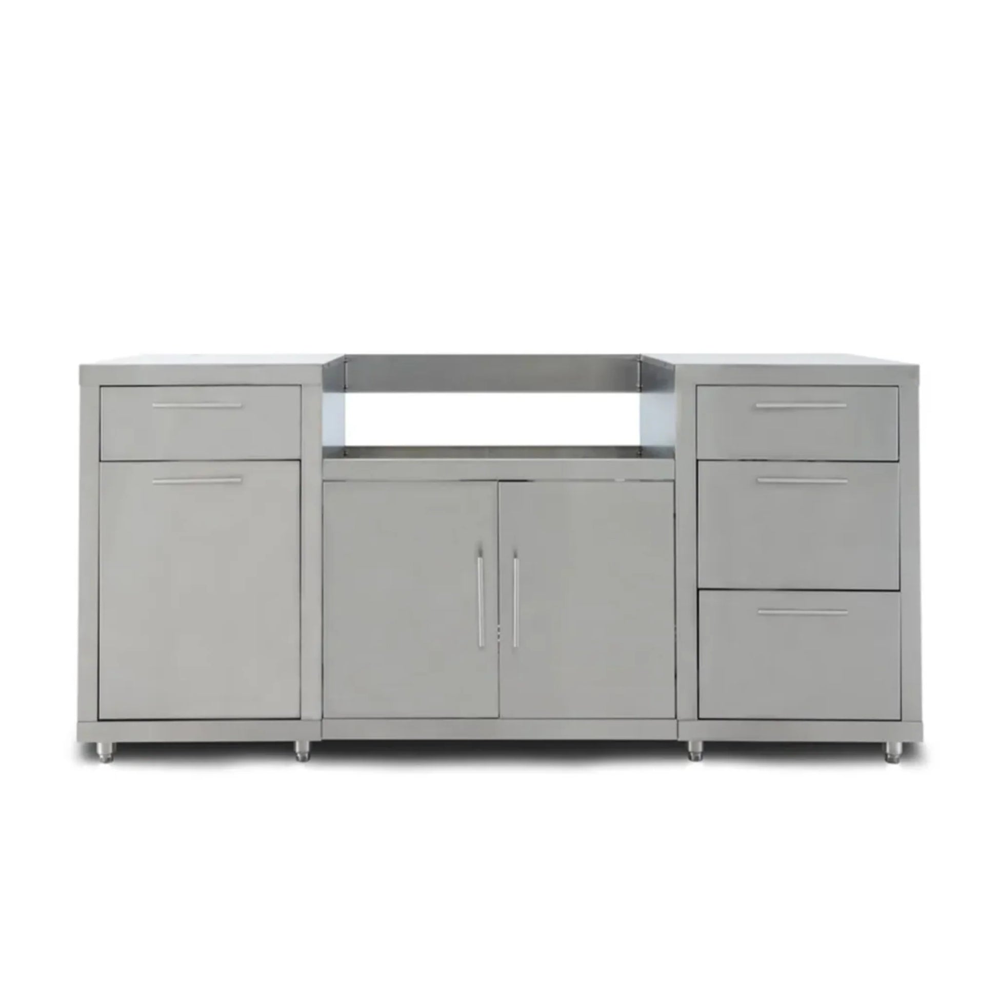 A 304 Stainless Steel Blaze outdoor kitchen island with multiple storage compartments, including cabinets and drawers, and a counter top - Outdoor Kitchen Islands