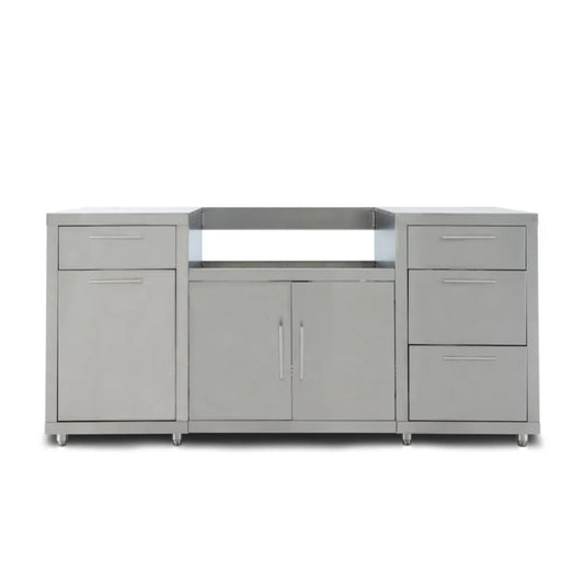 A 304 Stainless Steel Blaze outdoor kitchen island with multiple storage compartments, including cabinets and drawers, and a counter top - Outdoor Kitchen Islands