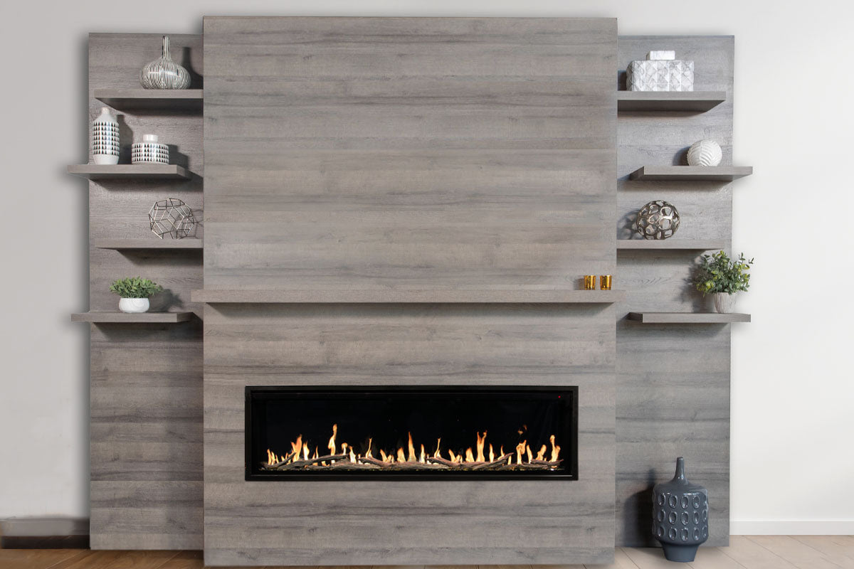 Modern Flames Allwood Fireplace Media Wall in Driftwood Gray | 60'' Orion Slim Heliovision Electric Fireplace