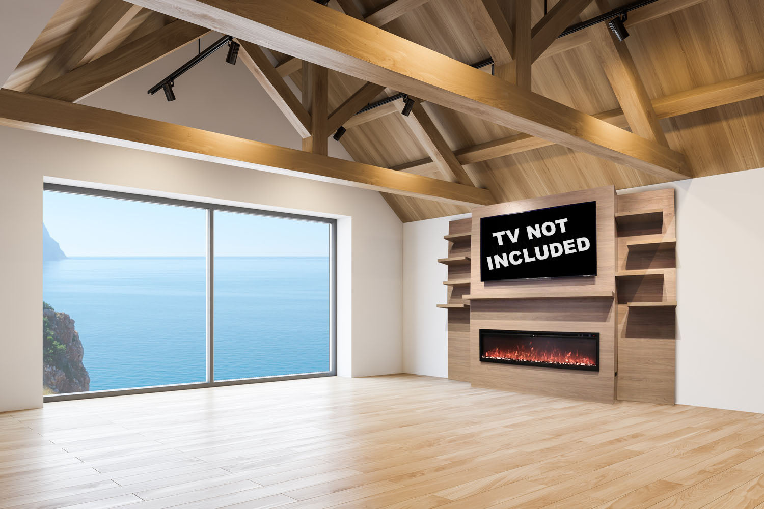 Modern Flames Allwood Fireplace Media Wall in Coastal Sand | 60'' Spectrum Electric Fireplace