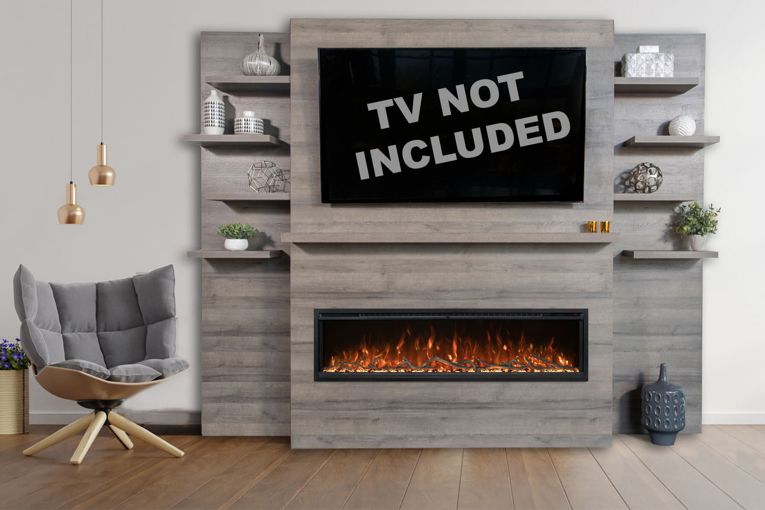 Modern Flames Allwood Fireplace Media Wall in Driftwood Gray | 60'' Spectrum Electric Fireplace